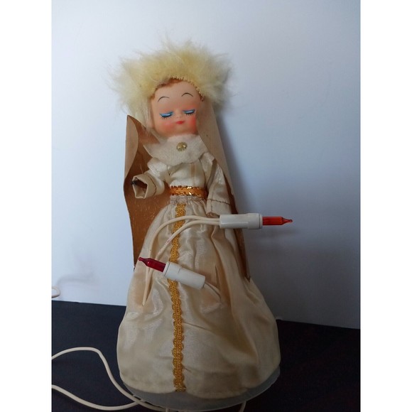 Vtg Electric Light Up Angel Tree Topper Japan 8" w/Candles and Gold Wings - Picture 1 of 8